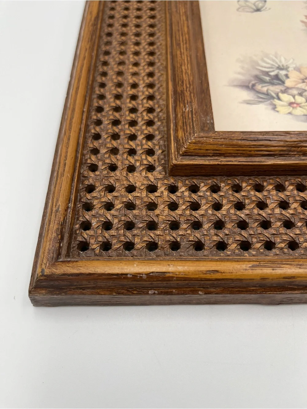 Vtg HOMCO CLAUDESSA CARTER PRINTS BUTTERFLY & FLOWERS FRAMED Wicker Wood Look